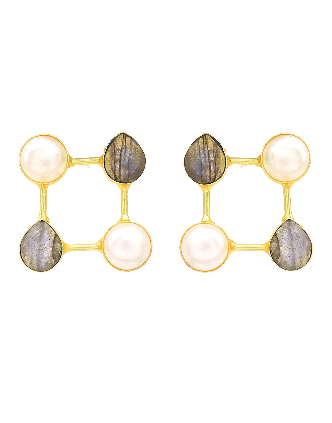 Labradorite & Pearl Square Frame Earrings- Handcrafted Jewellery from Dori