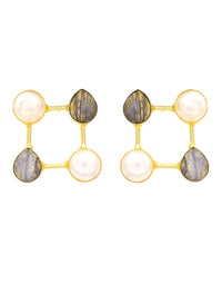 Labradorite & Pearl Square Frame Earrings- Handcrafted Jewellery from Dori