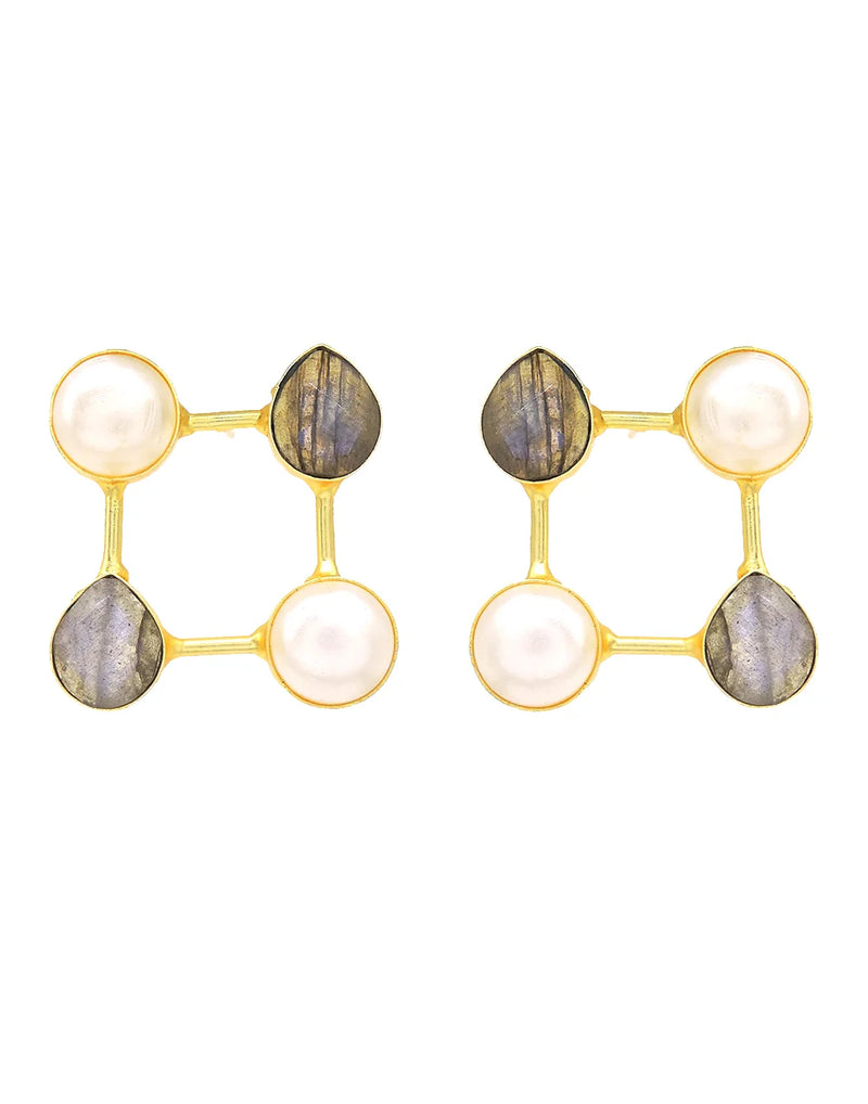 Labradorite & Pearl Square Frame Earrings
