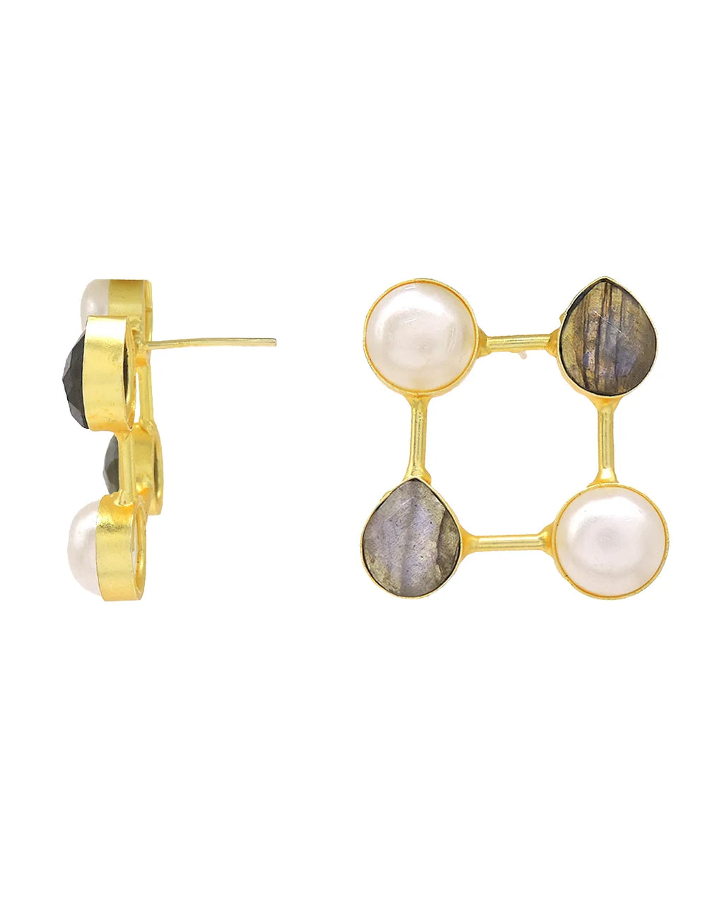 Labradorite & Pearl Square Frame Earrings- Handcrafted Jewellery from Dori
