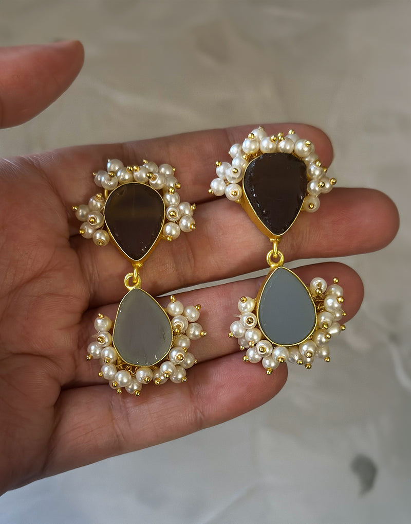 Twin Teardrop Earrings (Blue Onyx & Quartz) - Statement Earrings - Gold-Plated & Hypoallergenic Jewellery - Made in India - Dubai Jewellery - Dori