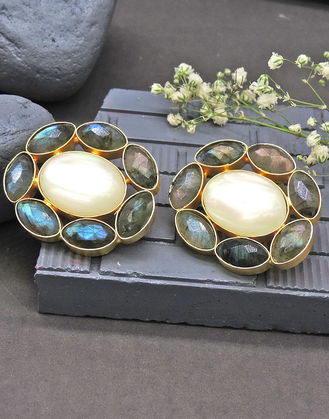 Labradorite & MOP Oval Earrings- Handcrafted Jewellery from Dori