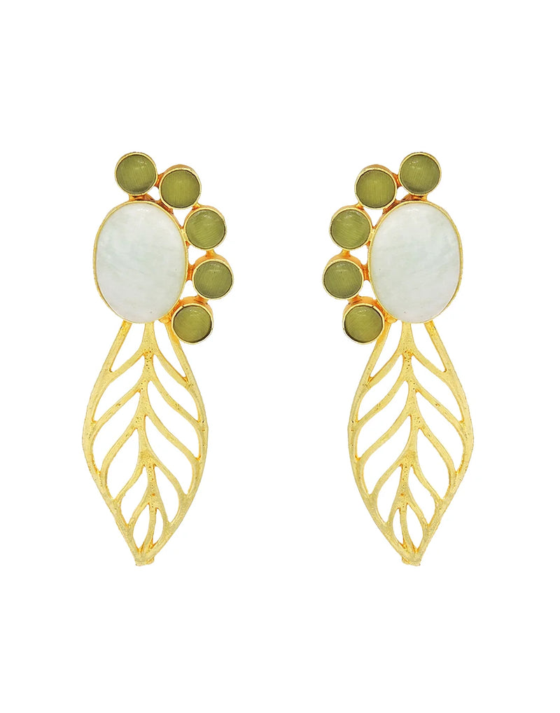 Glass & Pearl Leaf Earrings (Green)
