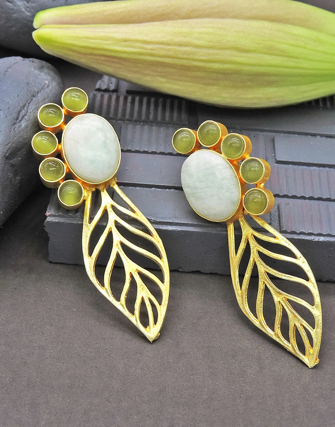 Glass & Pearl Leaf Earrings (Green)- Handcrafted Jewellery from Dori