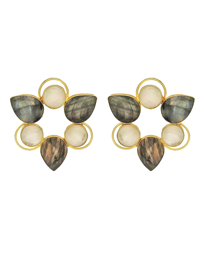 Labradorite & Shell Triangular Frame Earrings- Handcrafted Jewellery from Dori