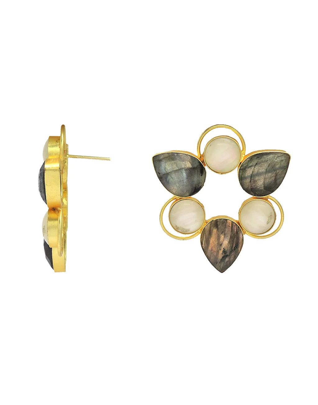 Labradorite & Shell Triangular Frame Earrings- Handcrafted Jewellery from Dori
