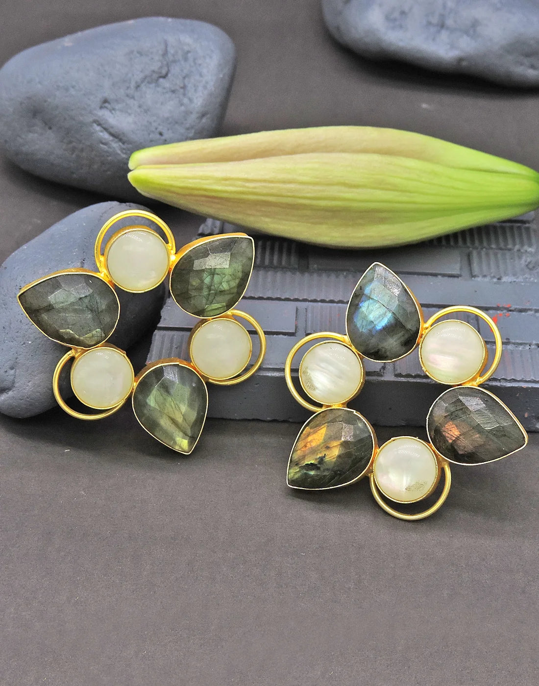 Labradorite & Shell Triangular Frame Earrings- Handcrafted Jewellery from Dori