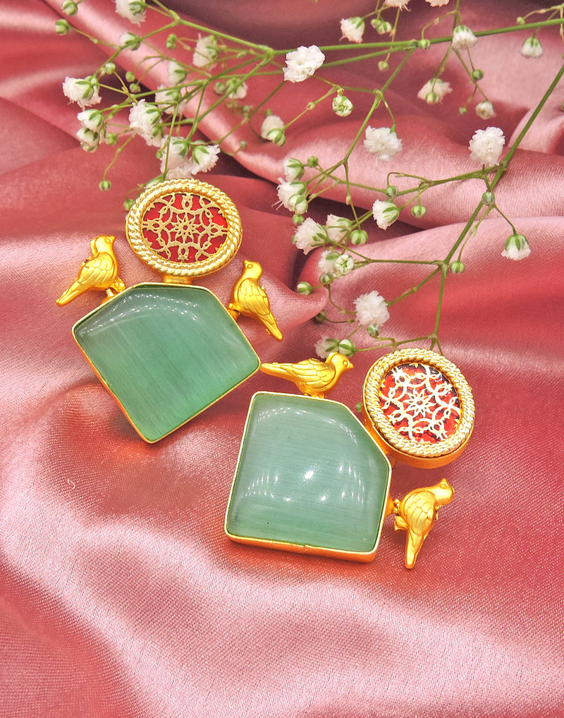 Jewelled Bird Earrings (Aquamarine) | Green & Red - Statement Earrings - Gold-Plated & Hypoallergenic - Made in India - Dubai Jewellery - Dori