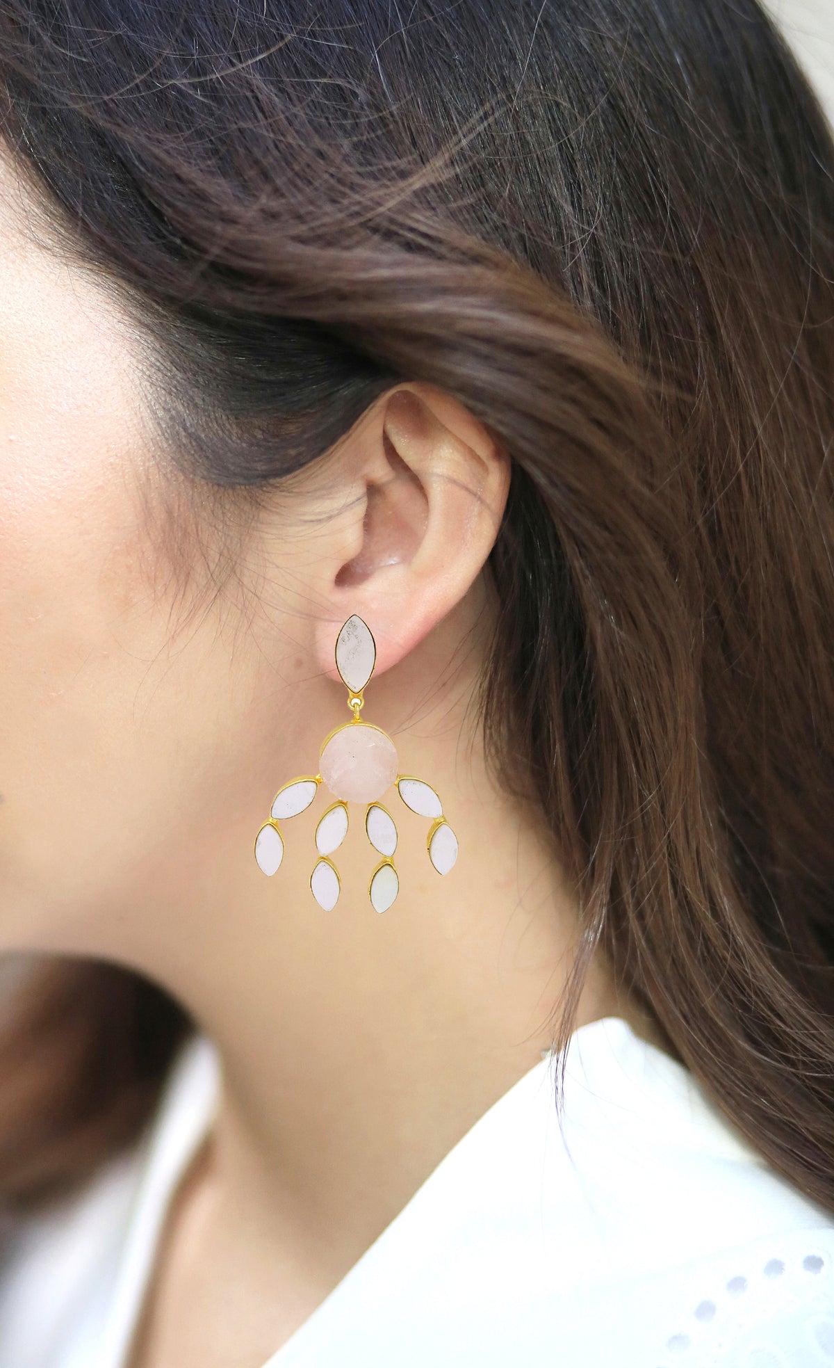 Curtain Earrings (Rose Quartz) - Statement Earrings - Gold-Plated & Hypoallergenic - Made in India - Dubai Jewellery - Dori