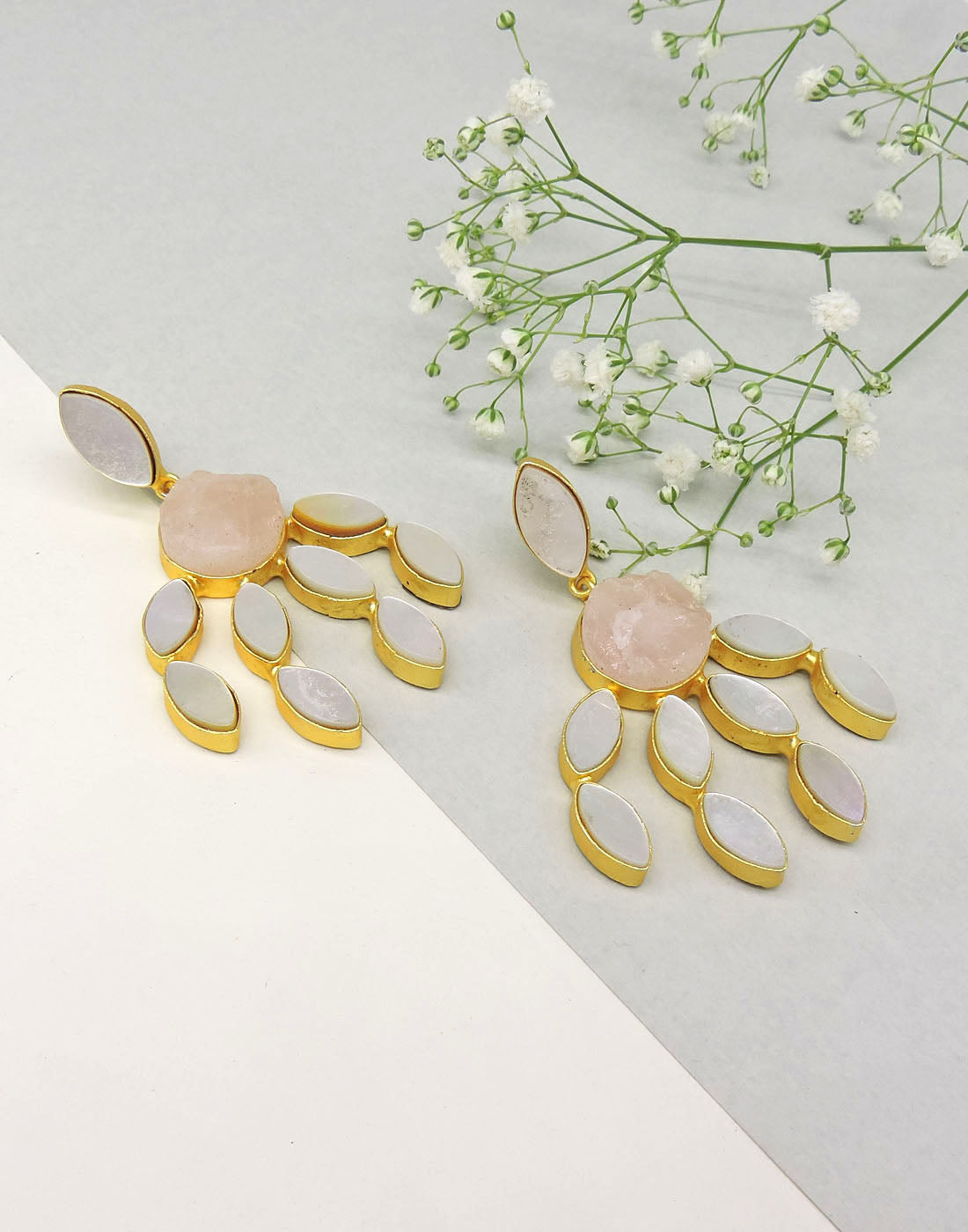 Curtain Earrings (Rose Quartz) - Statement Earrings - Gold-Plated & Hypoallergenic - Made in India - Dubai Jewellery - Dori