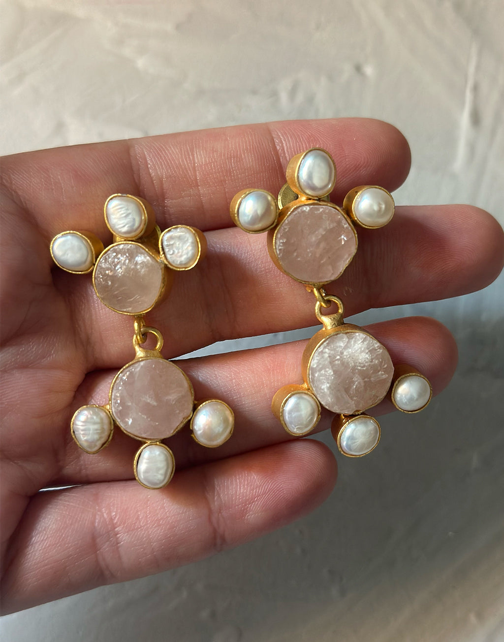 Twin Round Flower Earrings (Rose Quartz) - Statement Earrings - Gold-Plated & Hypoallergenic Jewellery - Made in India - Dubai Jewellery - Dori