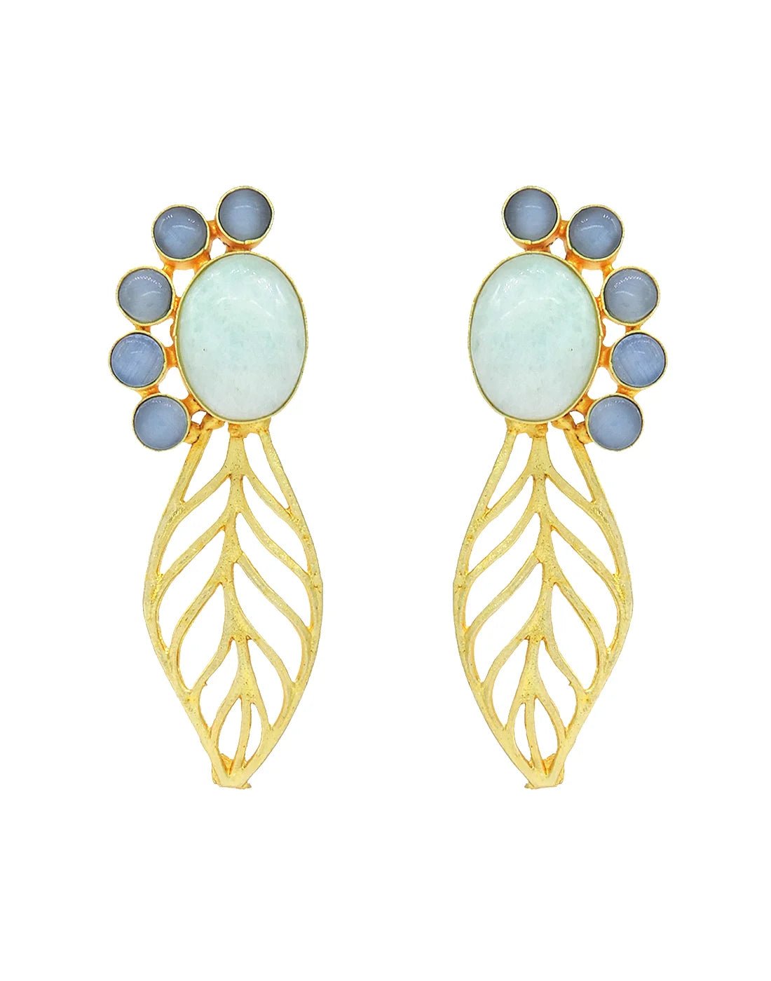 Glass & Pearl Leaf Earrings (Blue)- Handcrafted Jewellery from Dori