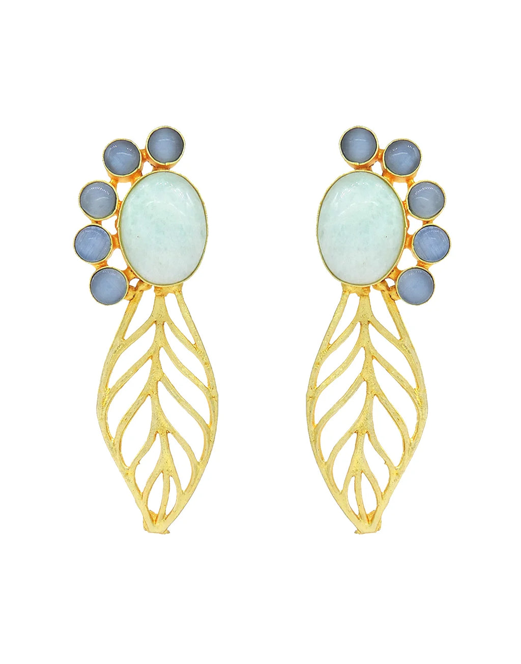 Glass & Pearl Leaf Earrings (Blue)- Handcrafted Jewellery from Dori