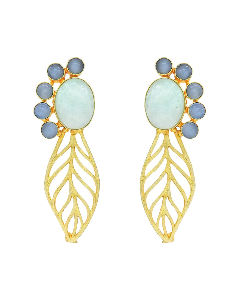 Glass & Pearl Leaf Earrings (Blue)