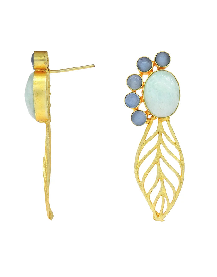 Glass & Pearl Leaf Earrings (Blue)- Handcrafted Jewellery from Dori