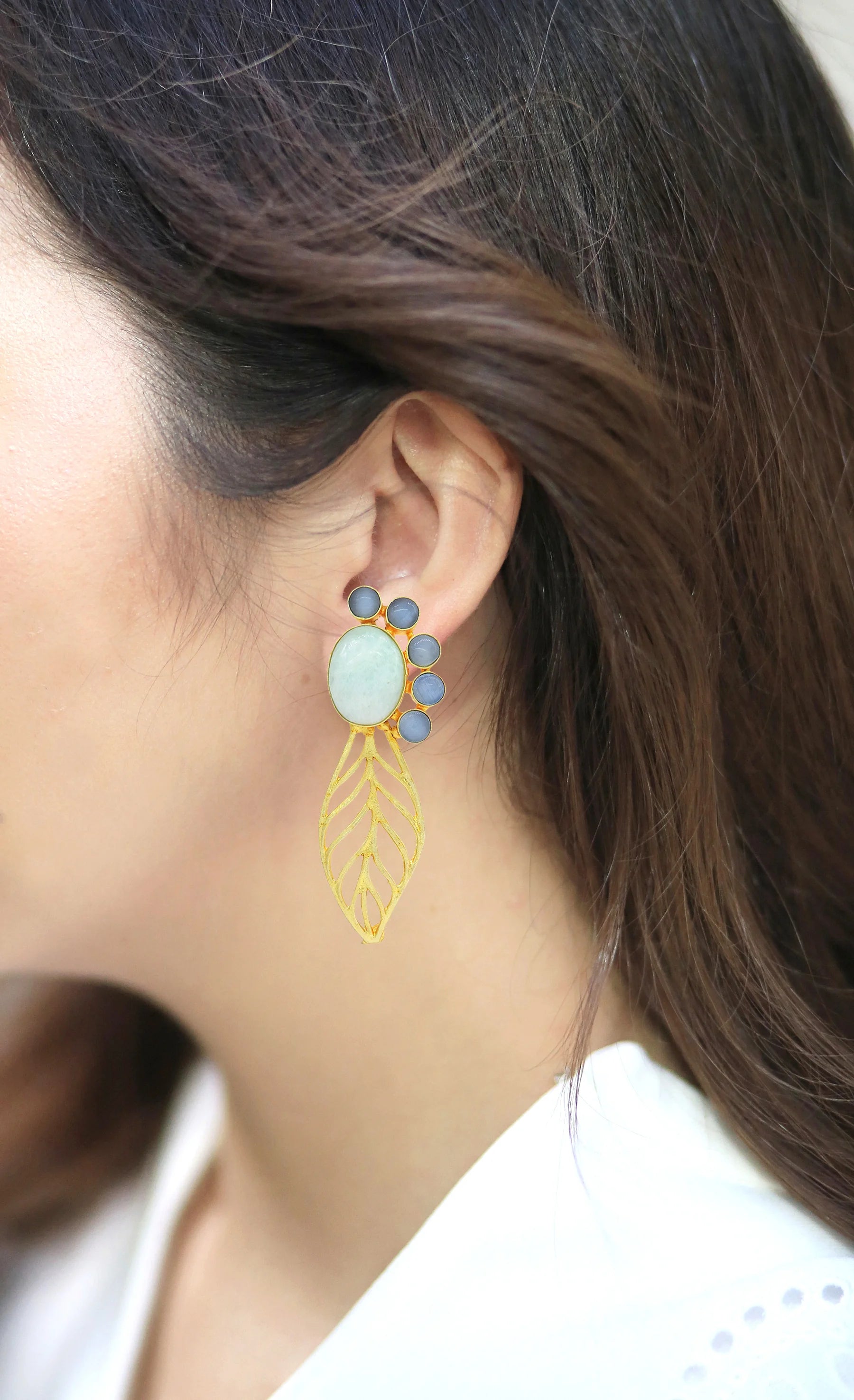 Glass & Pearl Leaf Earrings (Blue)- Handcrafted Jewellery from Dori