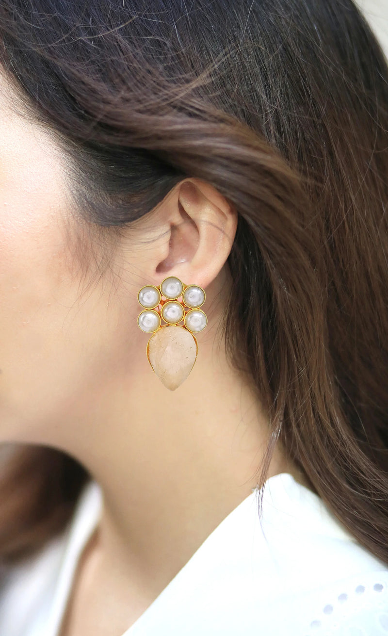 Rose Quartz & Pearl Cluster Earrings