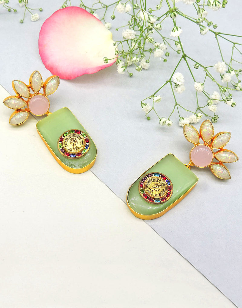 Jade Flower Earrings - Statement Earrings - Gold-Plated & Hypoallergenic - Made in India - Dubai Jewellery - Dori