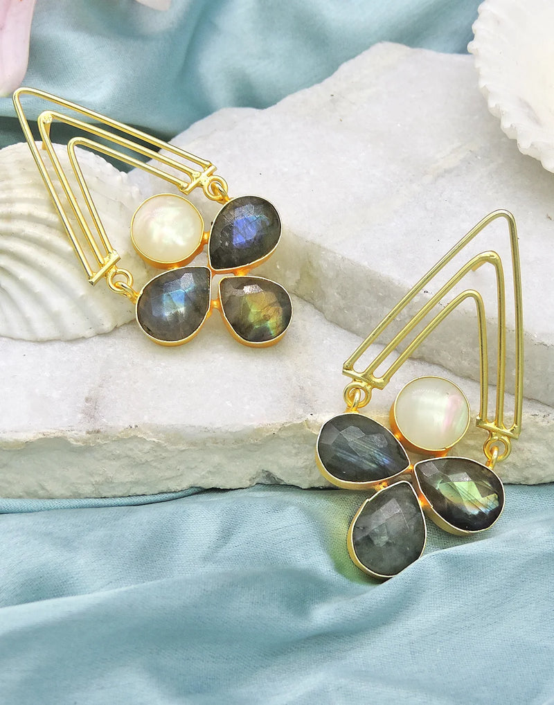 Labradorite & MOP Statement Earrings- Handcrafted Jewellery from Dori