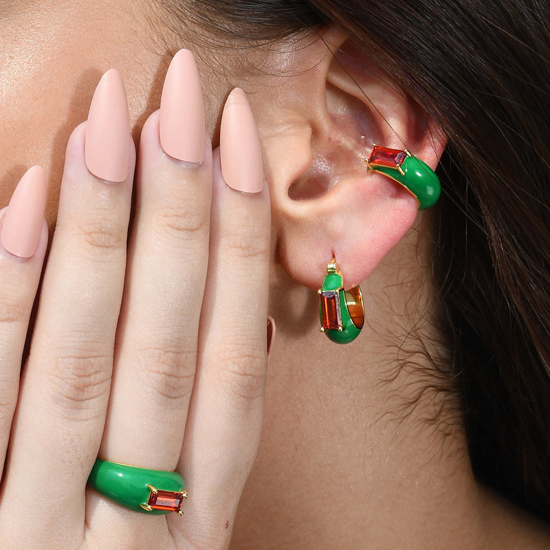 Green Enamel Garnet Ear Cuff - Statement Earrings - Gold-Plated & Hypoallergenic Jewellery - Made in India - Dubai Jewellery - Dori