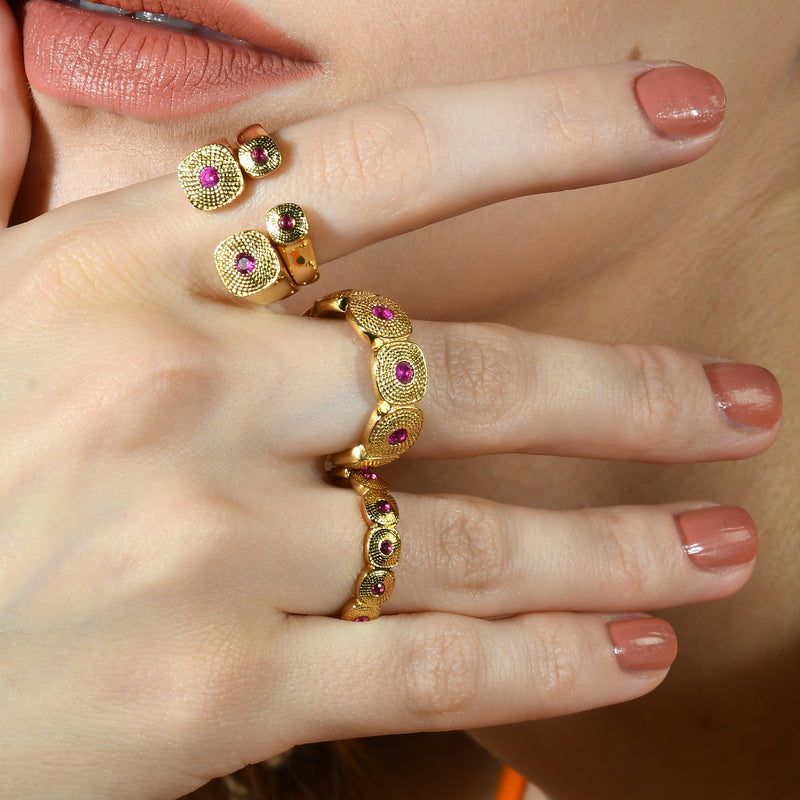 Pink Gem Granulated Open Chunky Ring - Statement Rings - Gold-Plated & Hypoallergenic Jewellery - Made in India - Dubai Jewellery - Dori