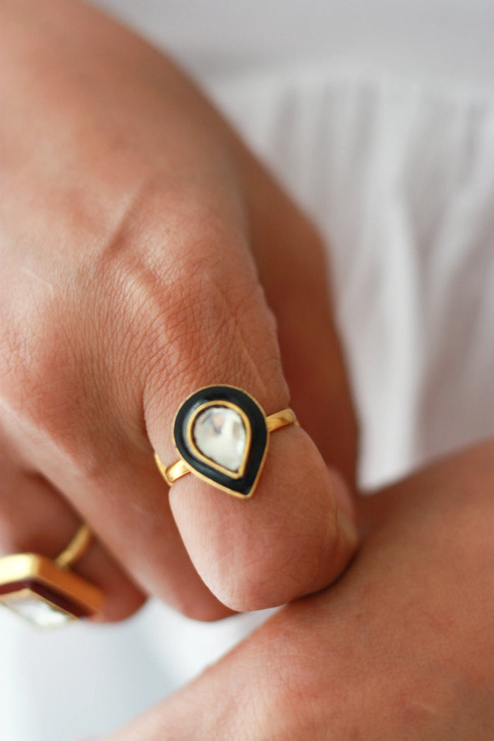 Black Enamel Teardrop Kundan Ring | Gold-Plated Adjustable Statement Ringfrom Dori