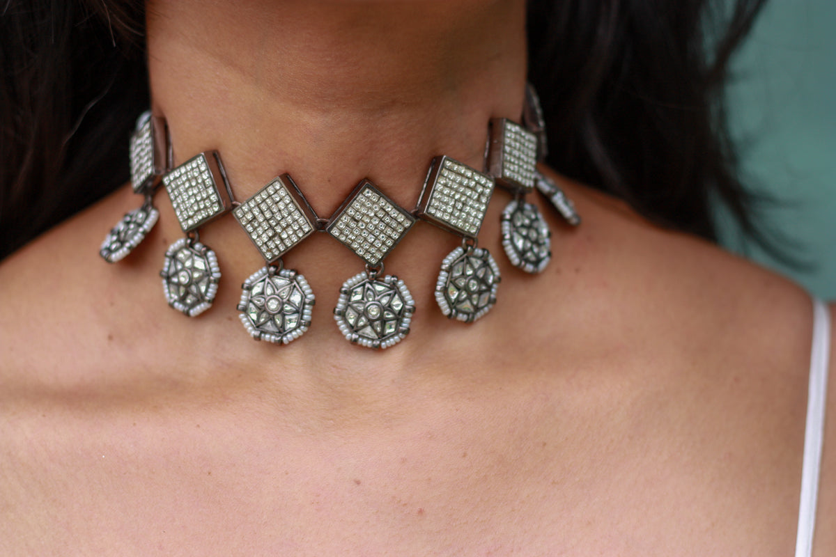 Nritya Oxidised Square Choker