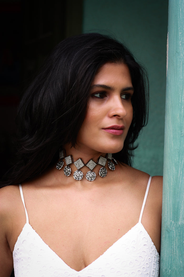 Nritya Oxidised Square Choker