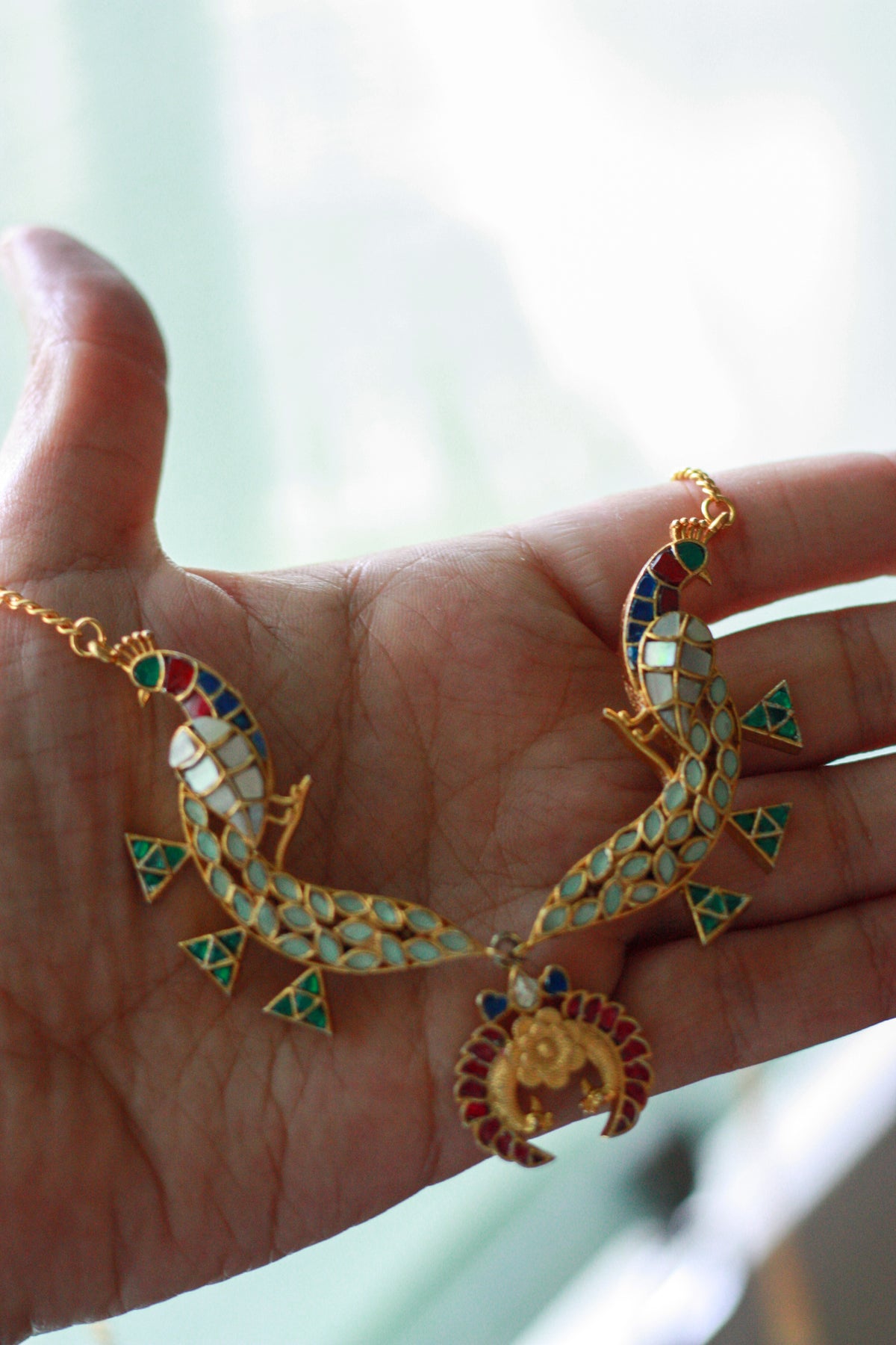 Twin Peacock Enamel Statement Necklace
