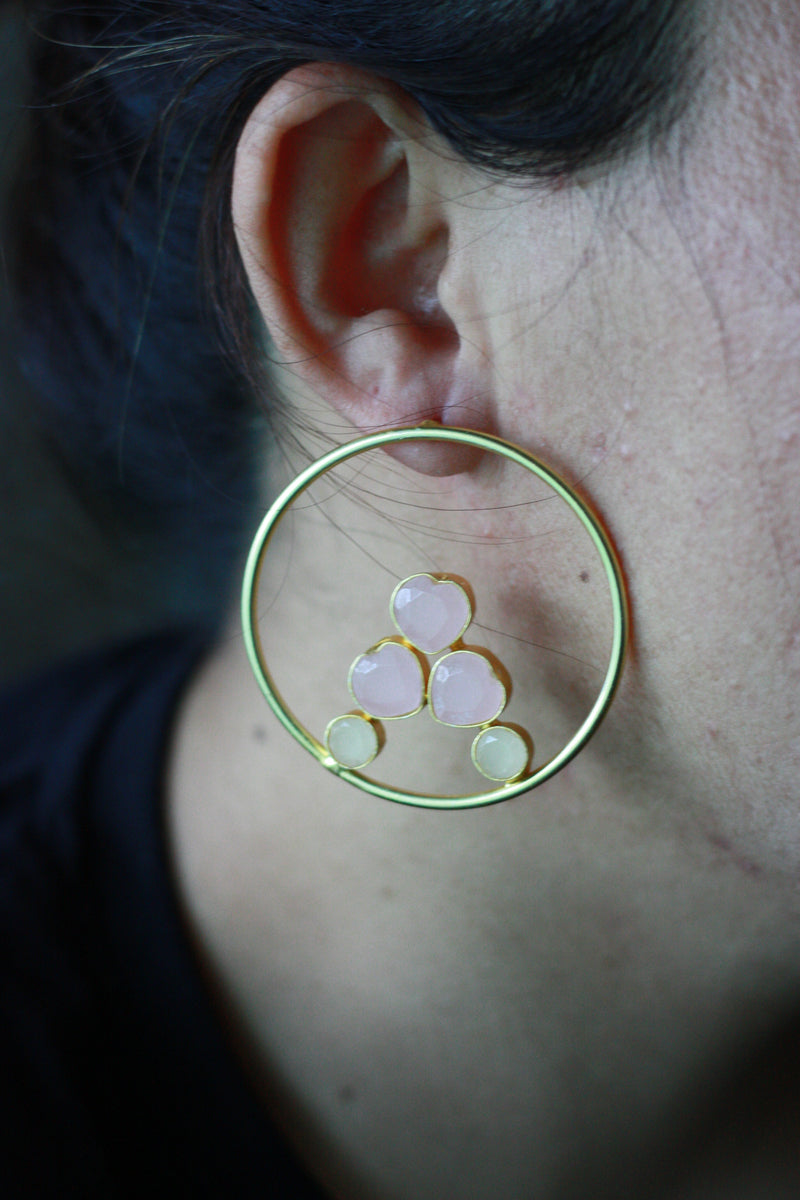 Rose Quartz Cluster Gold Hoops