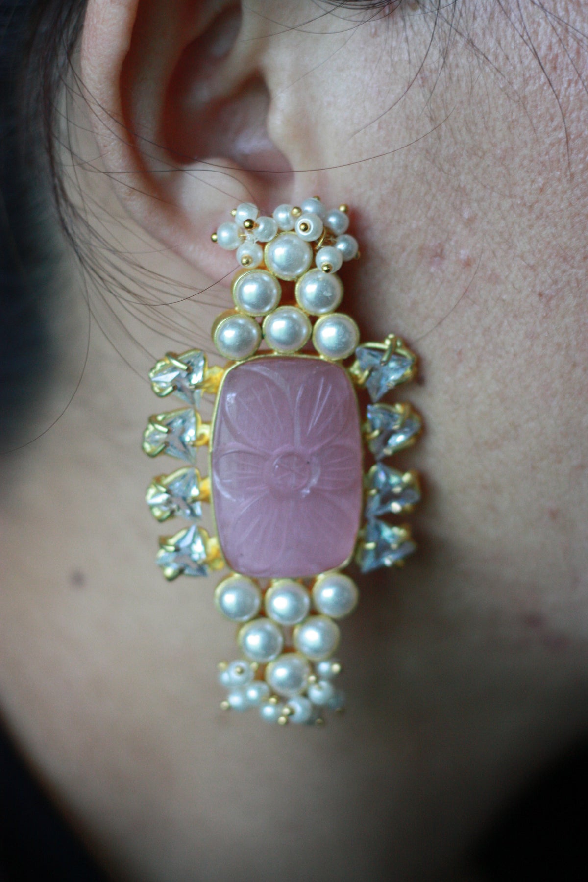 Carved Rose Quartz Pearl Earrings