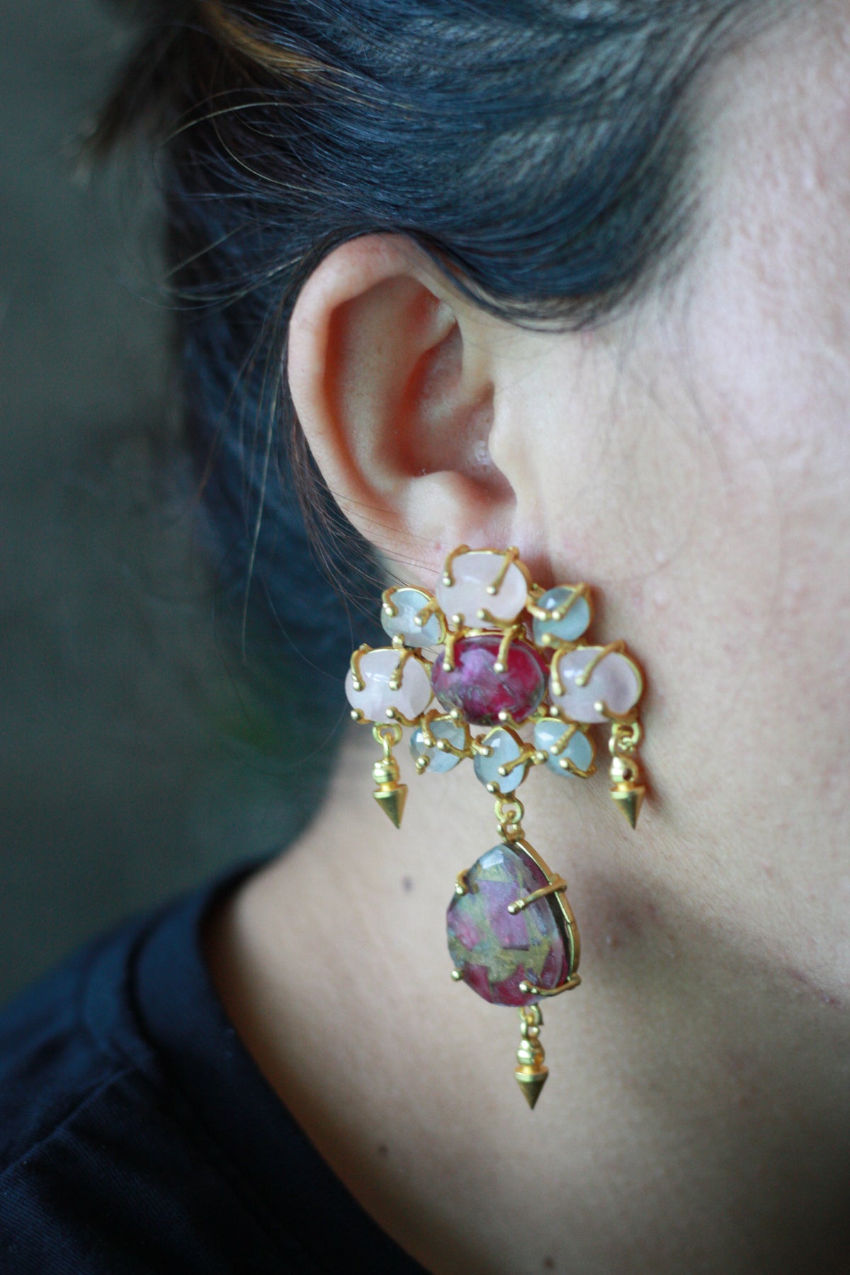 Pink Aqua Gemstone Gold Dangler