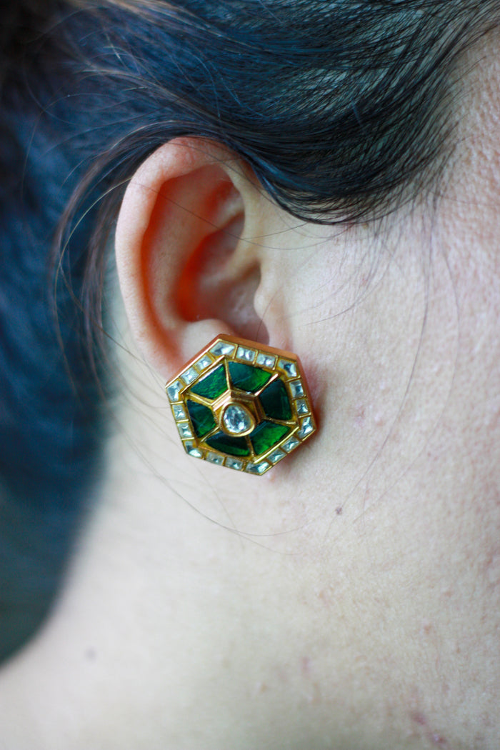 Green Hexagon Kundan Style Stud