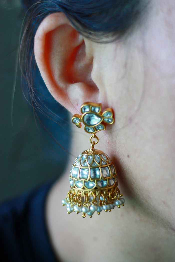 Aqua Stone Pearl Jhumka Earrings