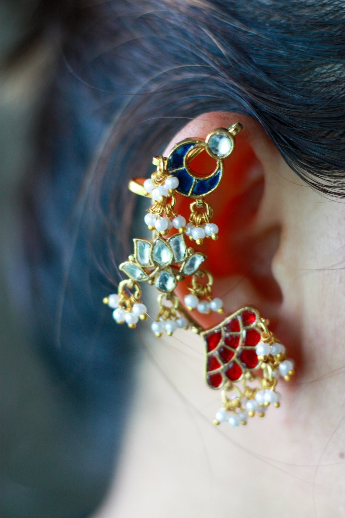 Navy Red Floral Pearl Cuff
