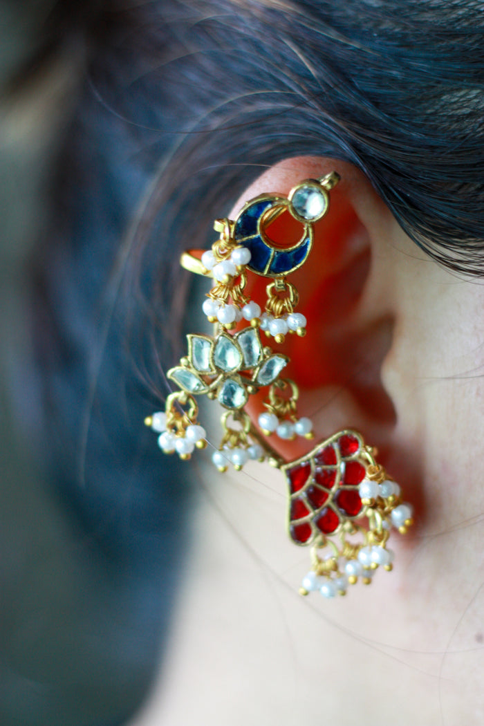 Navy Red Floral Pearl Cuff