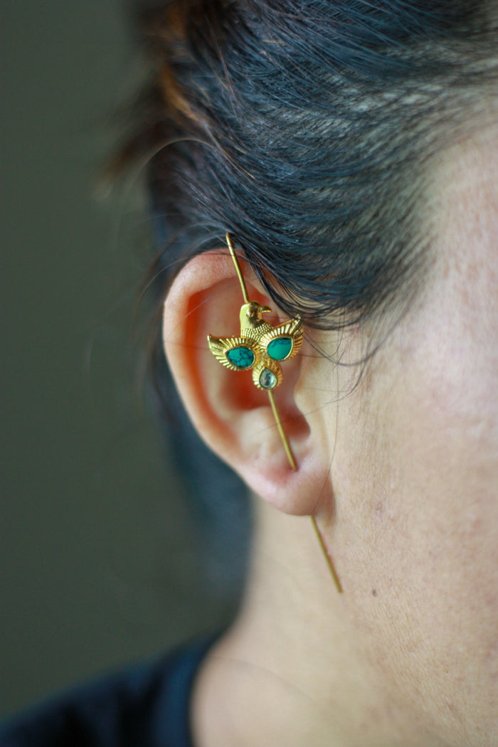Teal Stone Bird Ear Climber