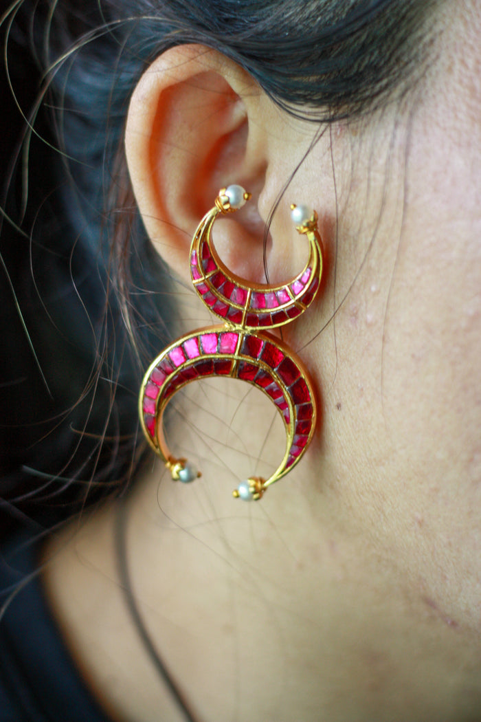 Pink Gold Crescent Pearl Earrings