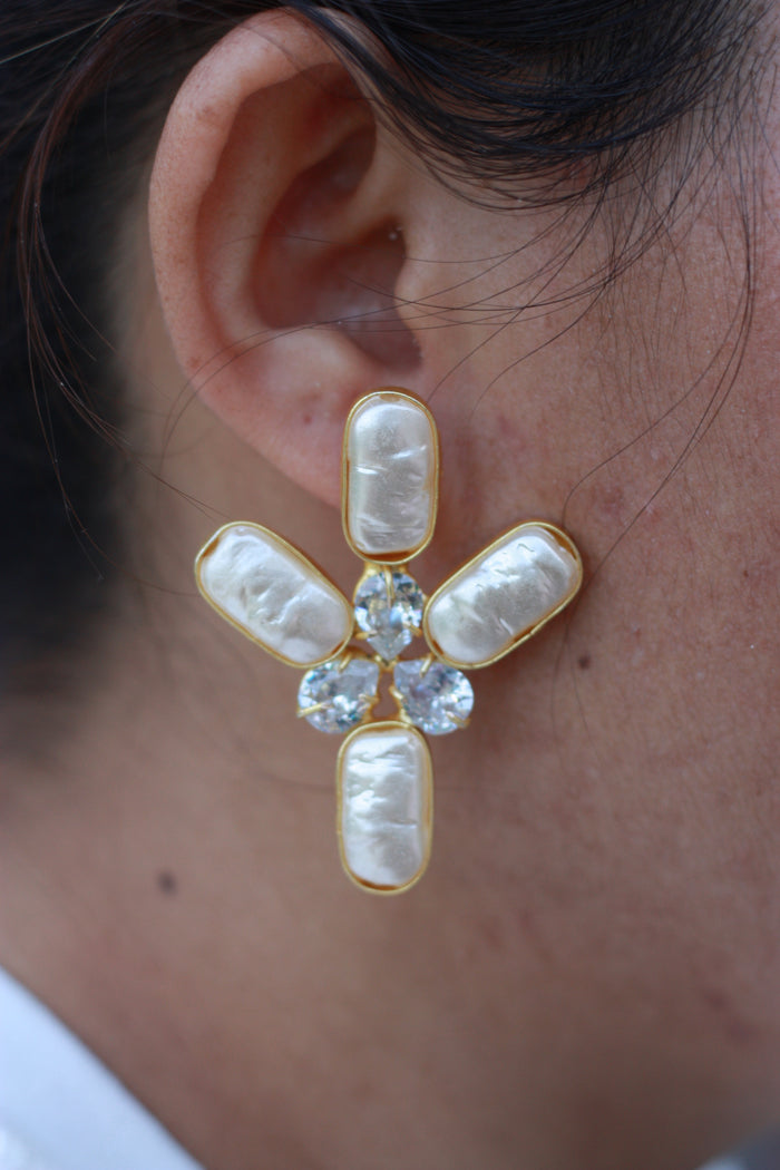 Baroque Pearl Cross Crystal Statement Earring