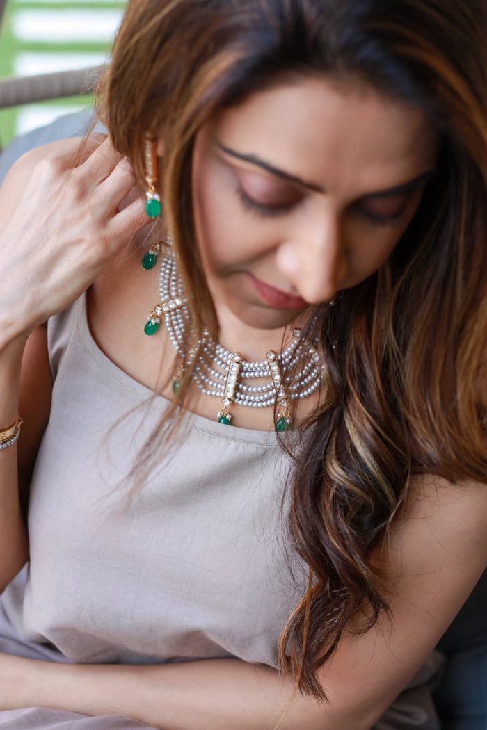 Emerald Drop & Pearl Curtain Necklace Set