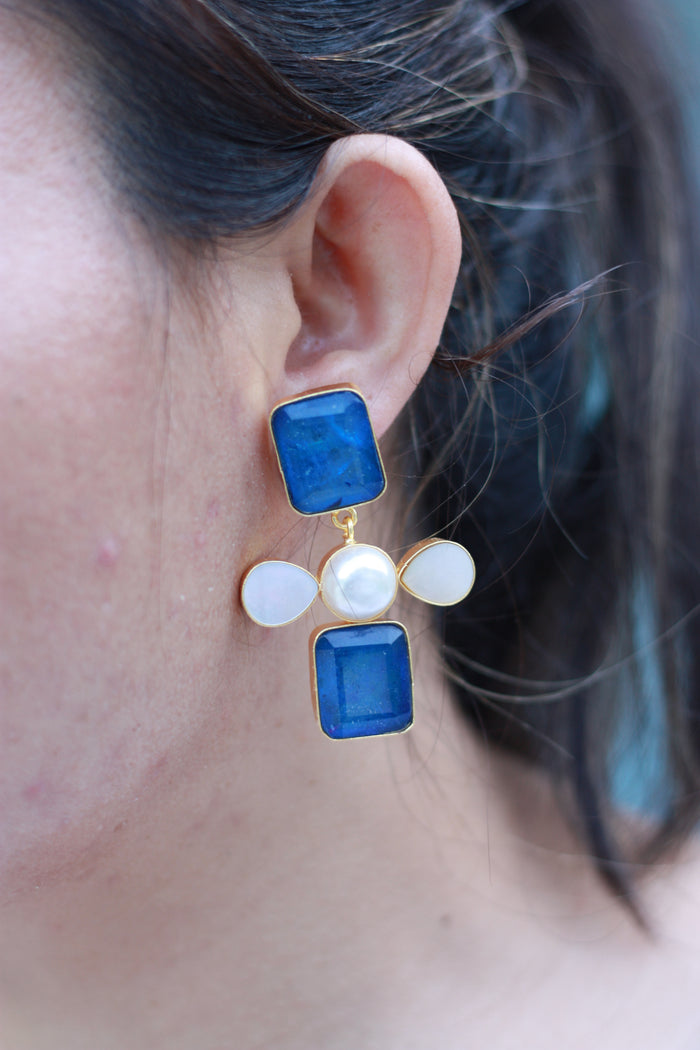 Lapis & Mother-of-Pearl Geo Cross Earring