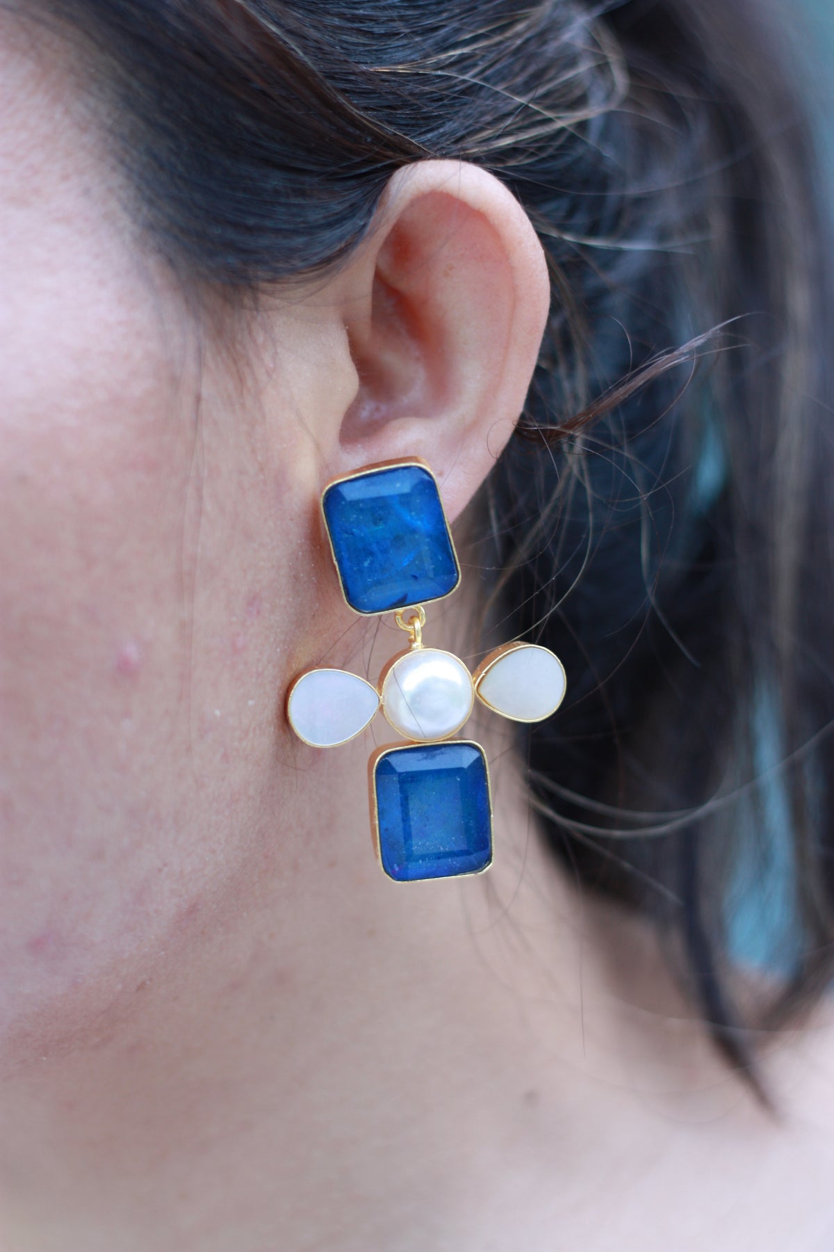Lapis & Mother-of-Pearl Geo Cross Earring