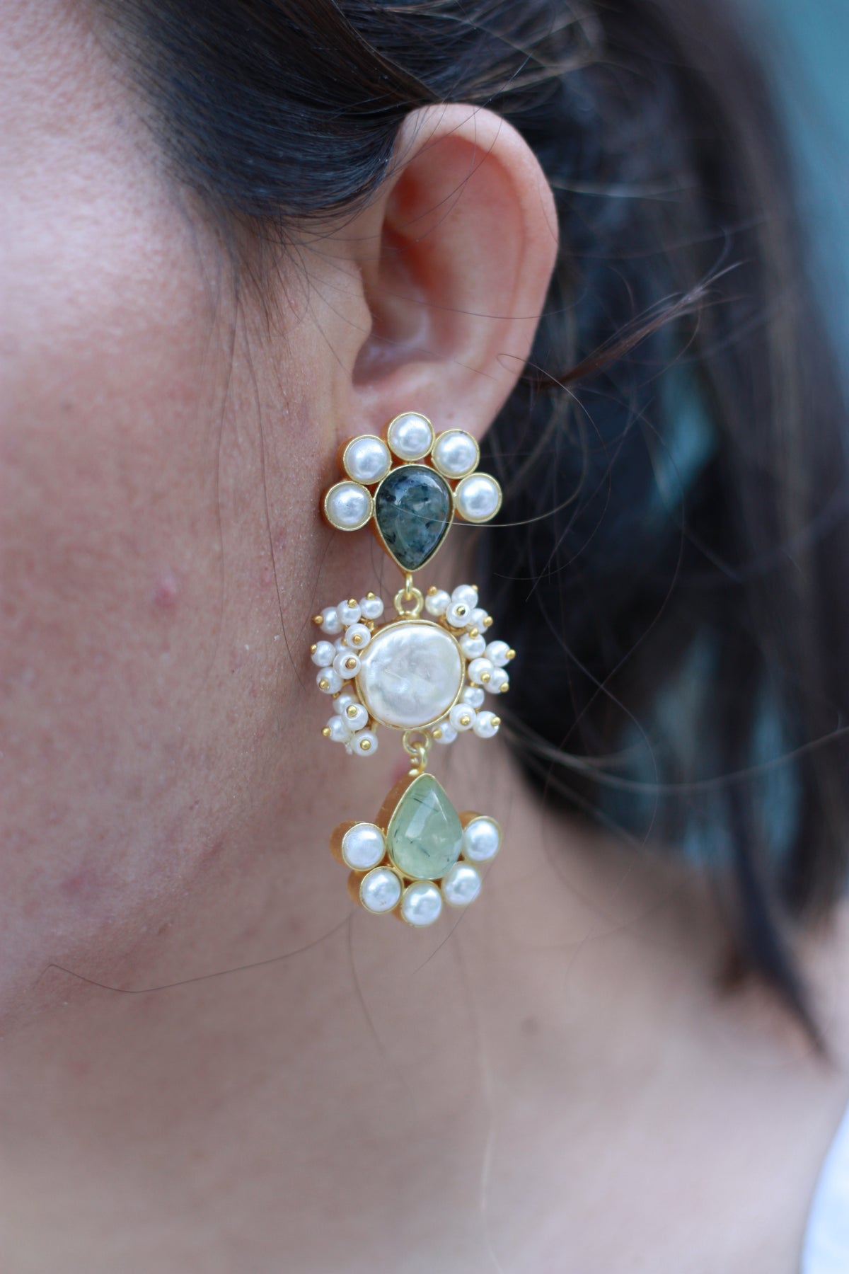 Green Amethyst & Pearl Triple Tier Statement Earring