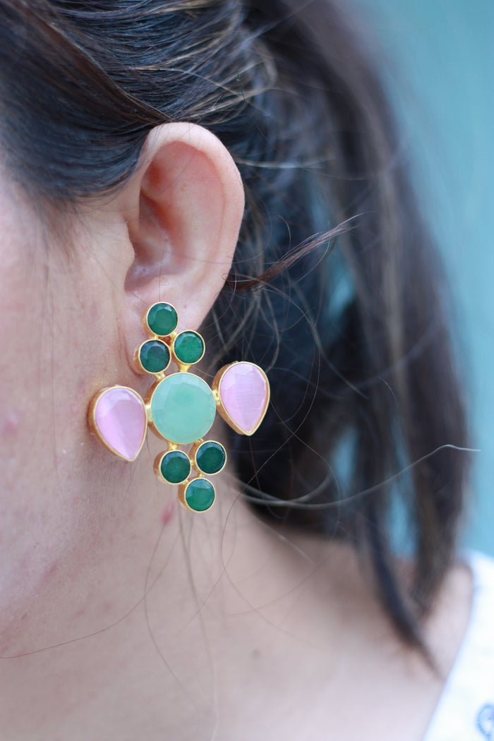 Green & Rose Quartz Geo Bloom Earring