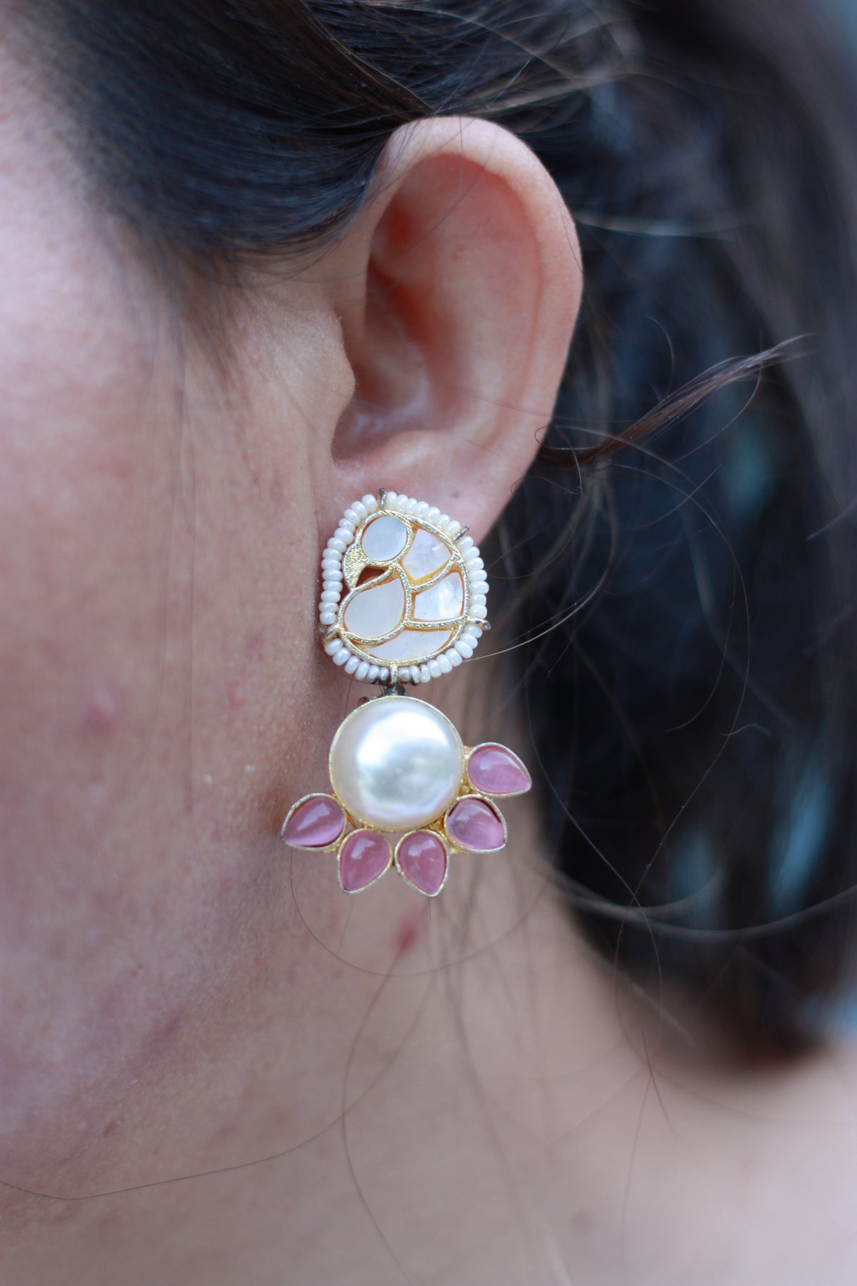 Baroque Pearl & Pink Leaf Cluster Earring