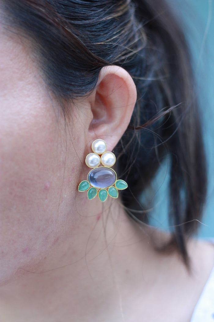 Pearl Trio & Lavender Crystal Petal Stud