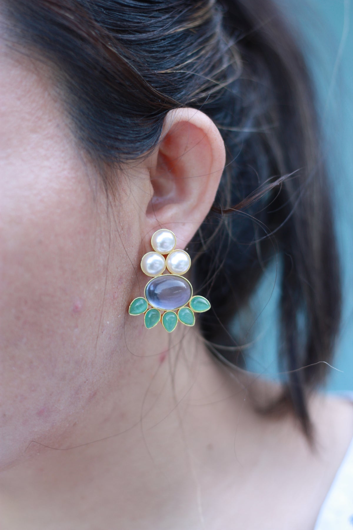 Pearl Trio & Lavender Crystal Petal Stud