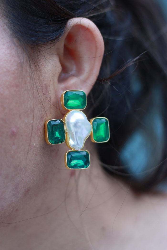 Emerald Quad & Baroque Abstract Drop Earring