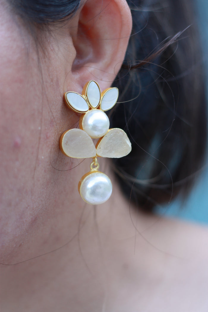 Mother-of-Pearl Lotus & Double Pearl Drop Earring
