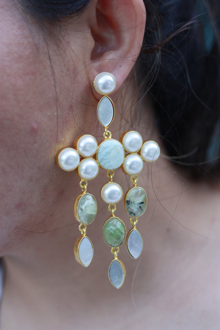 Amazonite & Pearl Waterfall Statement Earring
